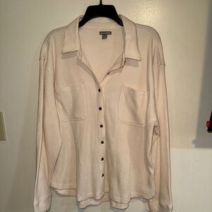 beige waffle knit button-up shacket by the brand Falls Creek
